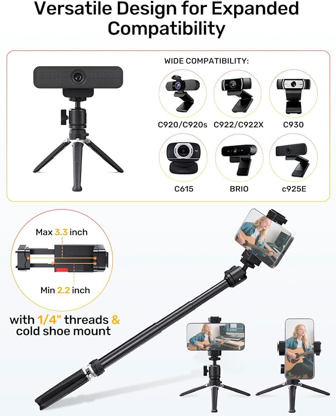 Webcam Tripod for Desk, Extendable Web Cam Stand Mount with Phone Holder for Logitech Webcam C920 C922 C922x C925e C930 C930e C615 Brio 4K NexiGo N60, GoPro Camera and Ring Light with 1/4" Thread