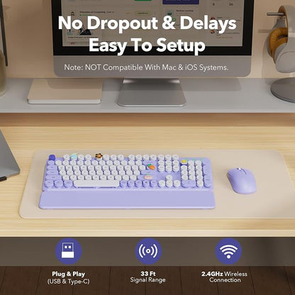 Wireless Keyboard and Mouse Combo, Full-Size Retro Typewriter Keyboard with Round Keycaps, Detachable Magnetic Wrist Rest, Tilt Legs, 2.4GHz Cordless for Mac, Windows PC, Laptop, SABLUTE CK23, Purple
