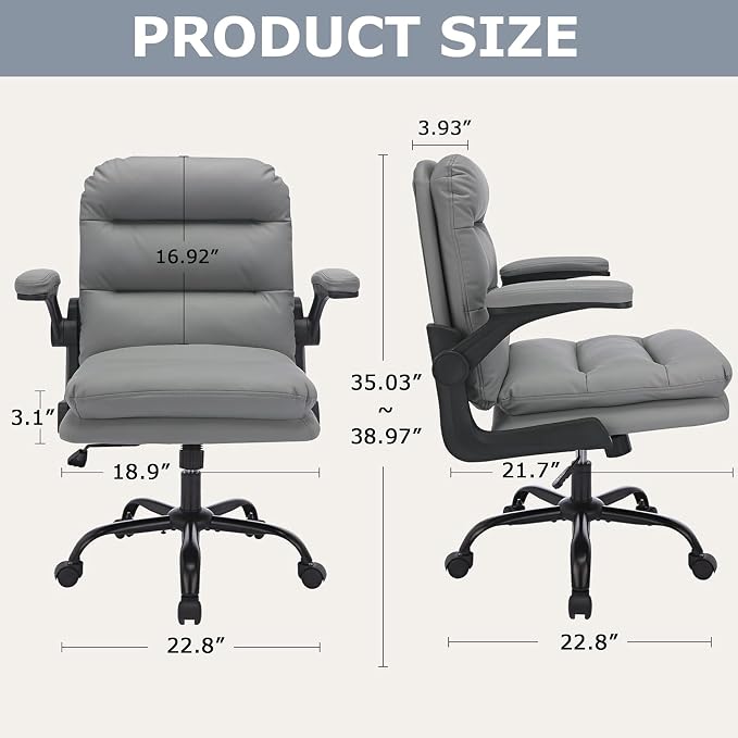 VECELO Ergonomic Swivel Office Desk Chair with Flip-up Armrest and Adjustable Height, Lumbar Support & PU Leather Thickened Cushion, for Computer Task Work, Gray
