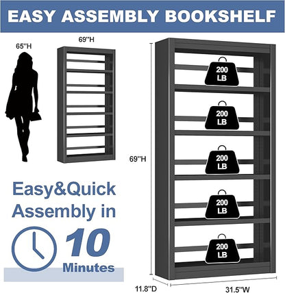 VASAAOSD Metal Bookshelf - Adjustable Black Bookcase, 5 Tier Book Shelf, Heavy Duty Sturdy Book Case, Modern Bookshelves and Bookcases for Home Office, Living Room, Bedroom, Library(69" H)