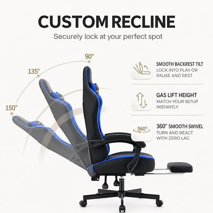 Office Desk Computer Gaming Chair for Adults, Ergonomic High Back Gamer Chair with Massage and Pocket Spring Cushion, Swivel Comfy Video Game Chairs with Footrest and Lumbar Support (Black Blue)