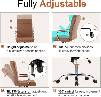 Modern Office Desk Chair, Conference Room Chairs, High Back Ergonomic Home ofiice Chair, Adjustable Height Swivel Executive Computer Chair with Padded Seat and Armrest (Brown)