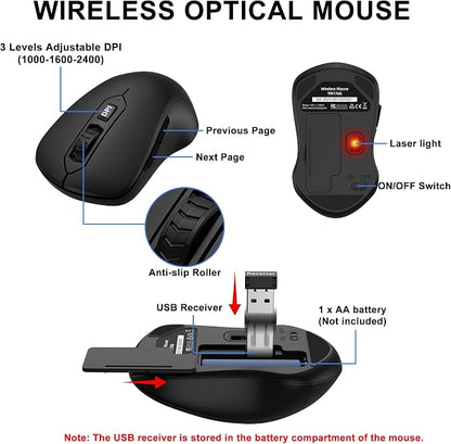 Wireless Keyboard and Mouse Combo, Full Size Quiet Key Computer Keyboard and Cordless Mice with 3 DPI Adjustable, 2.4G Lag-Free, Long Battery Life, Compatible with Windows and Mac Systems, Black