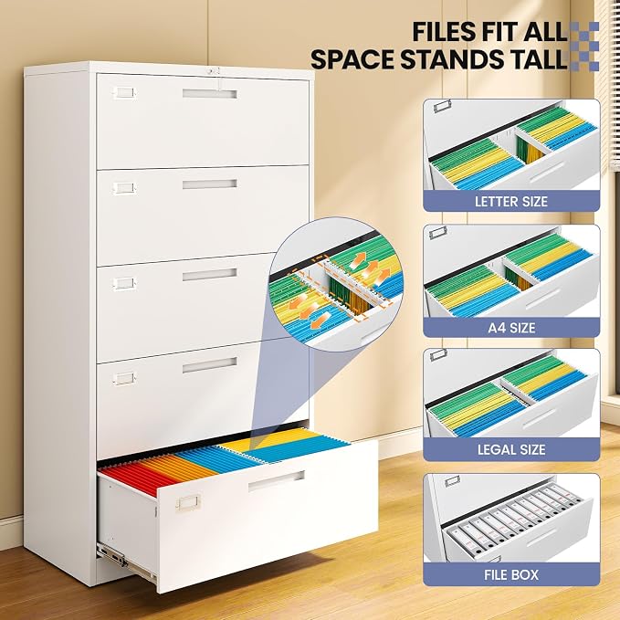 5 Drawer File Cabinet, White Metal Lateral File Cabinet with Lock, Office Filing Cabinet for Legal/Letter/A4/F4 Size with Hanging Files, Lockable File Cabinets for Home Office