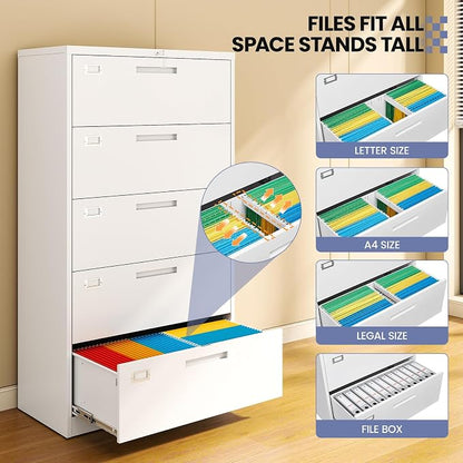 5 Drawer File Cabinet, White Metal Lateral File Cabinet with Lock, Office Filing Cabinet for Legal/Letter/A4/F4 Size with Hanging Files, Lockable File Cabinets for Home Office