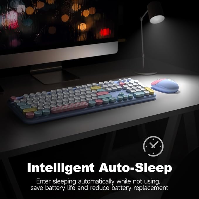 Wireless Keyboard and Mouse Combo, Meidosa 2.4GHz Colorful Full-Size Retro Typewriter Keyboard with Cat Shape 3 Level Adjustable Optical Mouse for PC/Desktop/Laptop/Windows (Pale Blue Colorful)