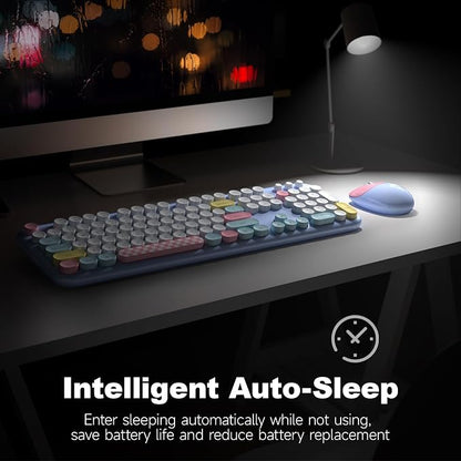 Wireless Keyboard and Mouse Combo, Meidosa 2.4GHz Colorful Full-Size Retro Typewriter Keyboard with Cat Shape 3 Level Adjustable Optical Mouse for PC/Desktop/Laptop/Windows (Pale Blue Colorful)