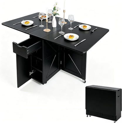 Folding Dining Table with Drawer and Storage Shelves, 53" Space Saving Foldable Dining Table with 6 Wheels, Drop Leaf Table for Small Spaces