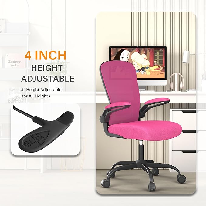 Mimoglad Ergonomic Office Chair - Desk Chair with Flip-up Armrests & 135° Recline, Adjustable Lumbar Support - Space-Saving Task Chair for Business/Team Office & Home (Modern, Rose-Carmine)