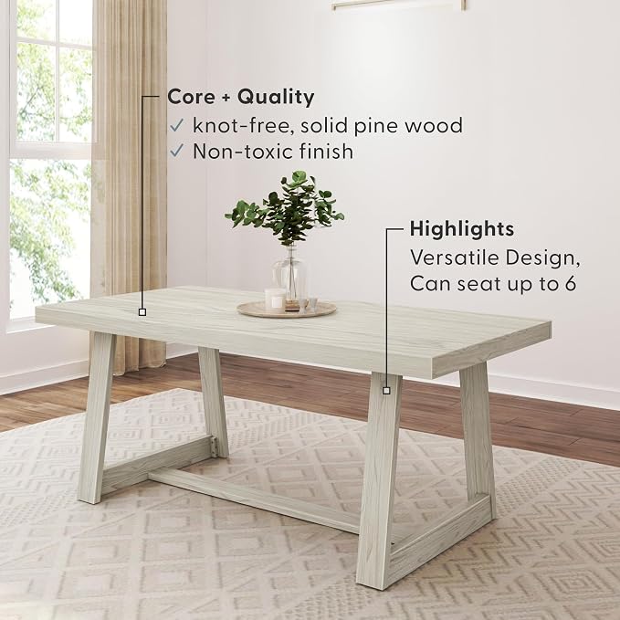 Plank+Beam 72 Inch Farmhouse Dining Table, Large Wooden Rectangular Dinner Table for Dining Room, Home Office, Living Room Furniture, Easy Assembly, White Sand Wirebrush