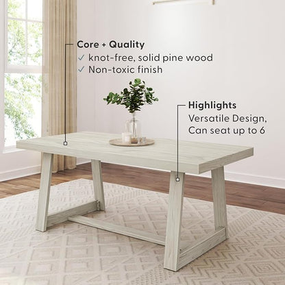 Plank+Beam 72 Inch Farmhouse Dining Table, Large Wooden Rectangular Dinner Table for Dining Room, Home Office, Living Room Furniture, Easy Assembly, White Sand Wirebrush