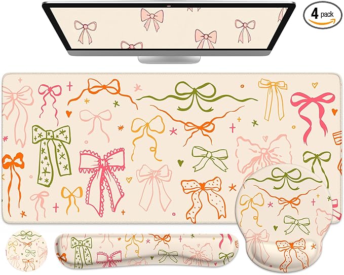 iCasso Desk Pad Mat, Large Mouse Pad and Keyboard Wrist Rest Set, Desk Protector Mat,4in1 Ergonomic Carpal Tunnel Keyboard Pad with Wrist Support for Desktop Home Office Computer (Colorful Ribbon)