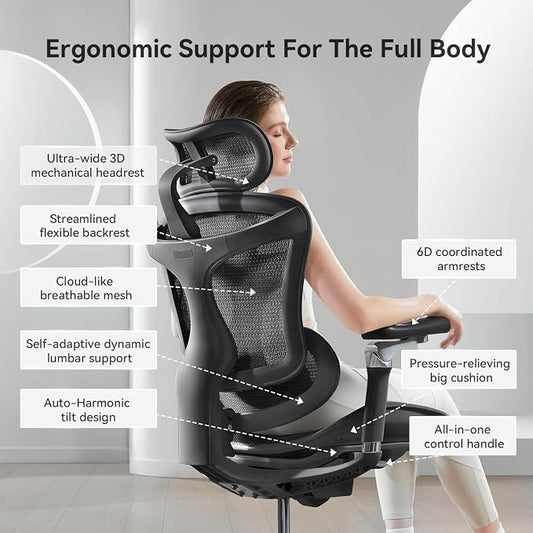 SIHOO Doro C300 Pro Ergonomic Office Chair with Ultra-Soft 6D Armrests, Dynamic Lumbar Support, Seat Depth Adjustment, Adjustable Backrest, Big and Tall Desk Chair for Home Office (Black)