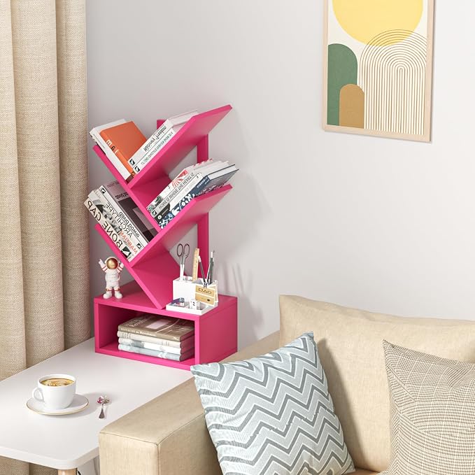 SHEEPAM Small Tree Book Shelf,5 Tier Black Tree Bookshelf,Desktop Bookcase,Modern Desk Display Storage Bookshelves,Floor Standing Organizer Bookcases for Living Room,Bedroom,Office