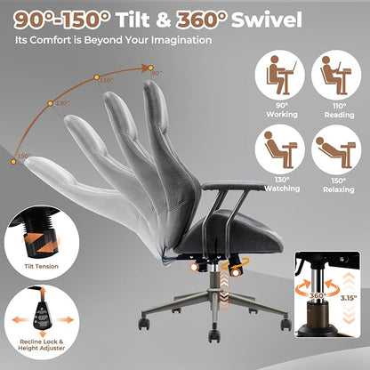 ovios Ergonomic Office Chair, High Back Faux Leather Executive Chairs with Armrests, Comfy Mid-Century Modern Swivel Rolling Computer Armchair (Dark Grey, Suede Leather)