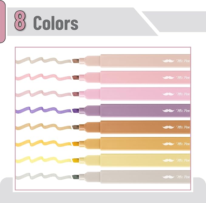 Mr. Pen- Aesthetic Highlighters No Bleed, 8 Pack, Vintage Brown, Chisel Tip | Cute Highlighters Assorted Colors for Journaling, Highlighting, Underlining, Fast Dry, Back to School Supplies
