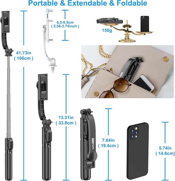 SelfieShow Selfie Stick, Extendable Selfie Stick Tripod with Wireless Remote and Tripod Stand, Portable, Lightweight, Compatible with iPhone 17 16 15 14 13 12 Pro Xs Max/Samsung Smartphone and More
