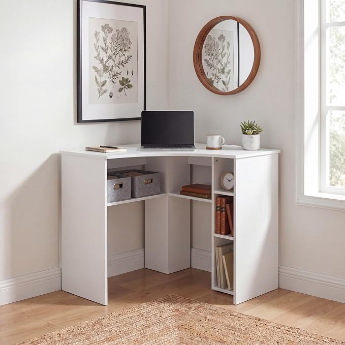 Giantex White Corner Desk, Triangle Computer Desk with Charging Station, Open Storage Shelves and Curved Edge, Space Saving Writing & Makeup Vanity Desk for Small Spaces, Home Office, Bedroom