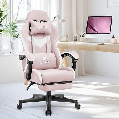 N-GEN GAMING Gaming Chair Video Game Computer Office Desk Use Ergonomic Reclining Backrest Adjustable Armrests Lumbar Support Footrest High Density Foam Breathable Fabric Heavy Duty Base (Pink)