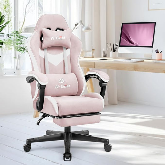 N-GEN GAMING Gaming Chair Video Game Computer Office Desk Use Ergonomic Reclining Backrest Adjustable Armrests Lumbar Support Footrest High Density Foam Breathable Fabric Heavy Duty Base (Pink)