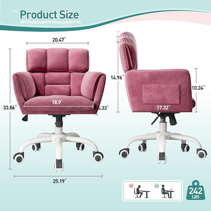 DurayLoly Home Office Chair with Wheels Soft-Touch Material,Modern Cute Vanity Chair with Back Adjustable Height Upholstered Comfy Desk Chairs with Side Pockets for Bedroom,Pink