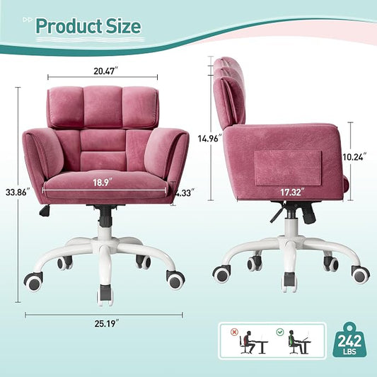 DurayLoly Home Office Chair with Wheels Soft-Touch Material,Modern Cute Vanity Chair with Back Adjustable Height Upholstered Comfy Desk Chairs with Side Pockets for Bedroom,Pink