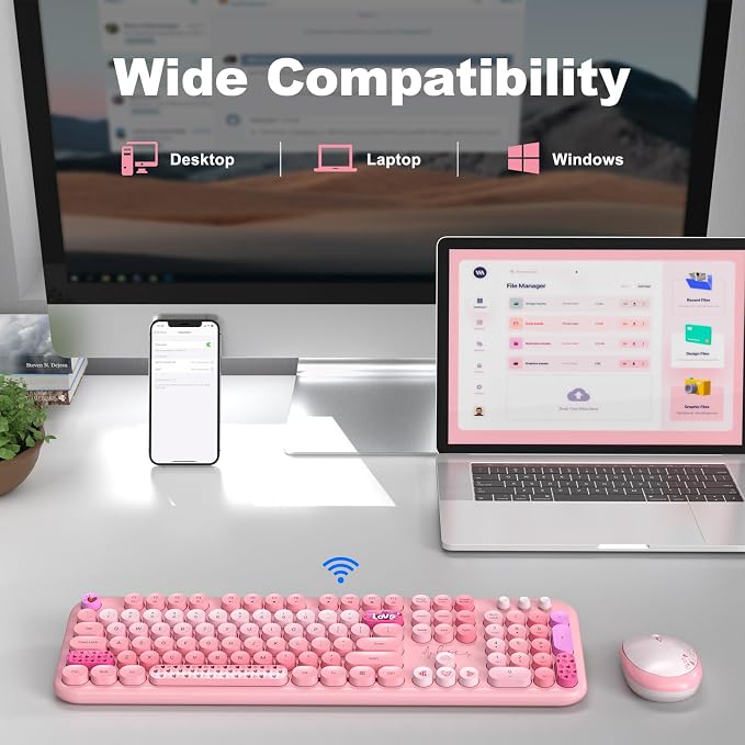Atelus Wireless Keyboard and Mouse, Typewriter Full Size Keyboard with Number Pad and 2 in 1 USB Connected Mouse for Windows 7/8/10, Laptop, Desktop, PC, Computer (Pink Colorful)