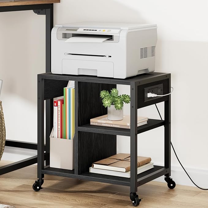 GAOMON Under Desk Printer Stand with Charging Station, Industrial Printer Table with 3 Storage Shelves, Mobile Heavy Duty Printer Cart with Lockable Wheels for Paper Storage, Home Office,Retro Black