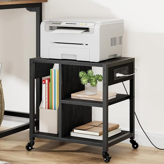 GAOMON Under Desk Printer Stand with Charging Station, Industrial Printer Table with 3 Storage Shelves, Mobile Heavy Duty Printer Cart with Lockable Wheels for Paper Storage, Home Office,Retro Black