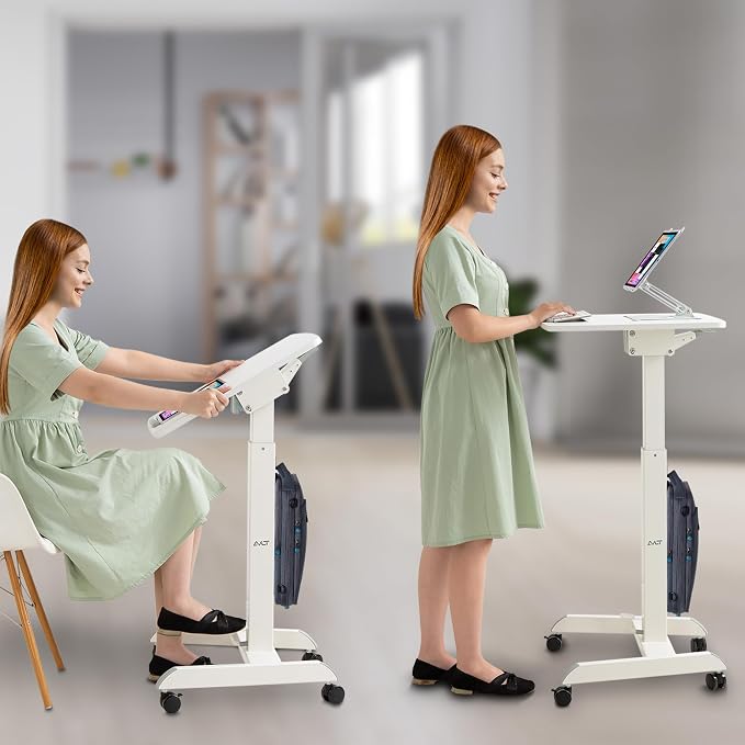AVLT 47" Height Adjustable Mobile Workstation with Tilting Desk - White | 3 ft 11 inches - Foot Pedal Pneumatic Standing Desk Cart - Mobile Laptop Cart - Mobile Cart with Brake Casters