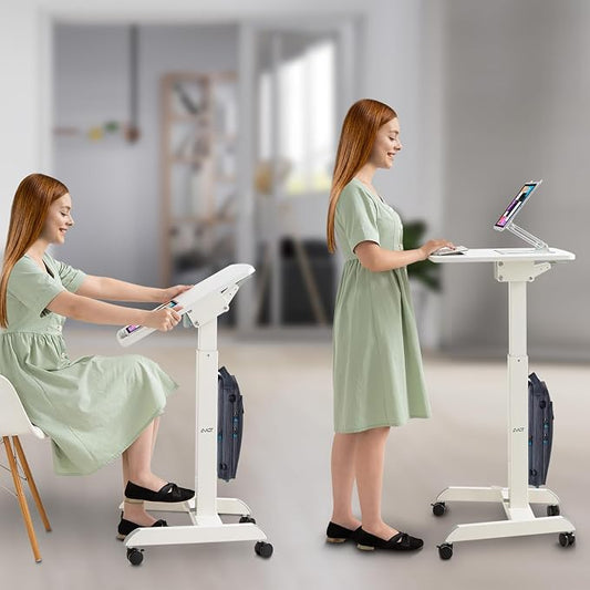AVLT 47" Height Adjustable Mobile Workstation with Tilting Desk - White | 3 ft 11 inches - Foot Pedal Pneumatic Standing Desk Cart - Mobile Laptop Cart - Mobile Cart with Brake Casters
