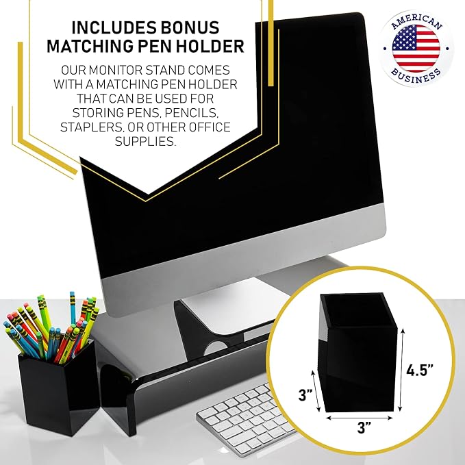 Acrylic Monitor Stand with Matching Pen Holder, 12mm Thick Clear Acrylic Monitor Riser, Laptop Stand for Home, Office, and Work. Computer Desk Riser with Keyboard Storage for LCD LED TV Screen (Black)