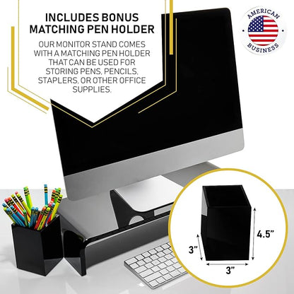 Acrylic Monitor Stand with Matching Pen Holder, 12mm Thick Clear Acrylic Monitor Riser, Laptop Stand for Home, Office, and Work. Computer Desk Riser with Keyboard Storage for LCD LED TV Screen (Black)