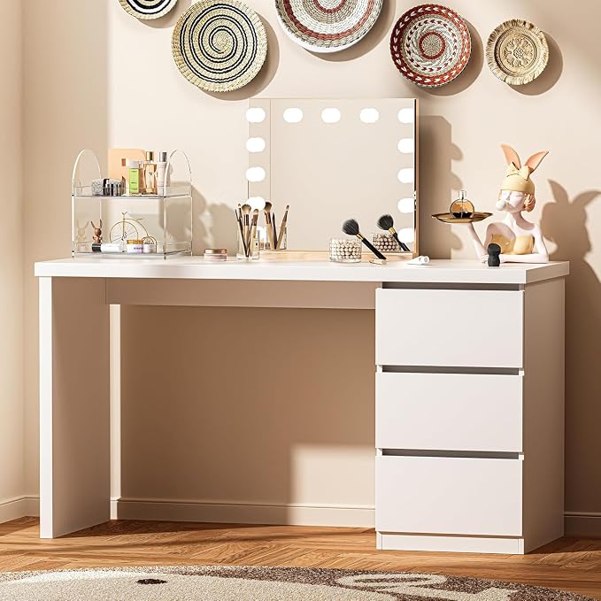 furtble White Desk with Drawers, 55'' W Home Office Computer Desk Gaming Table, Modern Vanity Desk with Storage, Wood Writing Workstation for Bedroom, Living Room, White