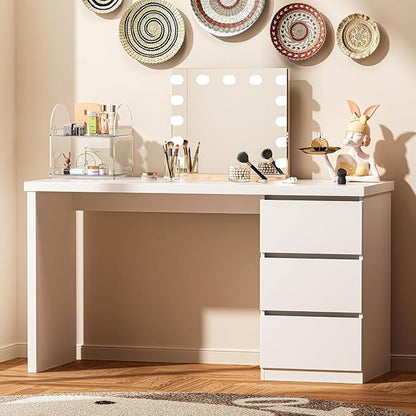 furtble White Desk with Drawers, 55'' W Home Office Computer Desk Gaming Table, Modern Vanity Desk with Storage, Wood Writing Workstation for Bedroom, Living Room, White