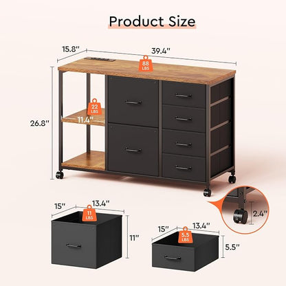 Maihail 6 Drawer File Cabinet with Charging Station Rolling Printer Stand with Open Storage Shelf Fabric Lateral Filing Cabinet for Home Office,Rustic Brown