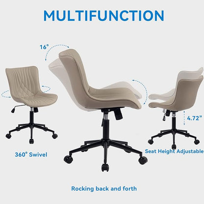 YOUNIKE Office Chair, Desk Chair with Wheels, Home Office Computer Task Chairs, Modern Faux Leather Padded Vanity Chair, Adjustable Swivel Armless Office Chairs with Back, Khaki