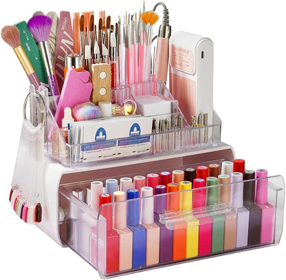 Wilfniee 2-Tier Nail Tech Desk Organizer with Drawer for Polish, Brushes, Drill Bits