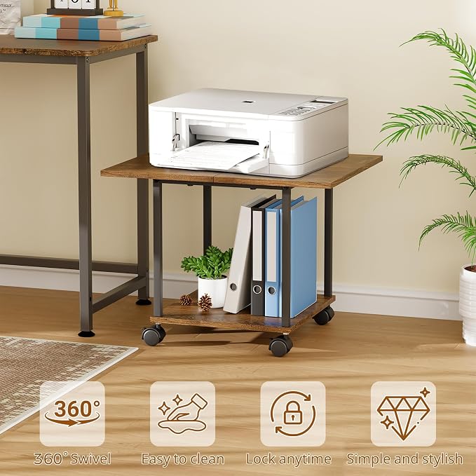 BEWISHOME 2-Tier Industrial Mobile Printer Stand, Rolling Cart with Storage Shelf, Lockable Wheels, for Home, Office (Brown) BDZ01Z