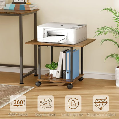 BEWISHOME 2-Tier Industrial Mobile Printer Stand, Rolling Cart with Storage Shelf, Lockable Wheels, for Home, Office (Brown) BDZ01Z