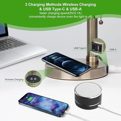 FIRVRE Green Glass Bankers Desk Lamp USB Wireless Charging Port LED Table Lamp Classic Retro Pull Chain Switch Reading Lamp for Home Office Workplace Library Piano