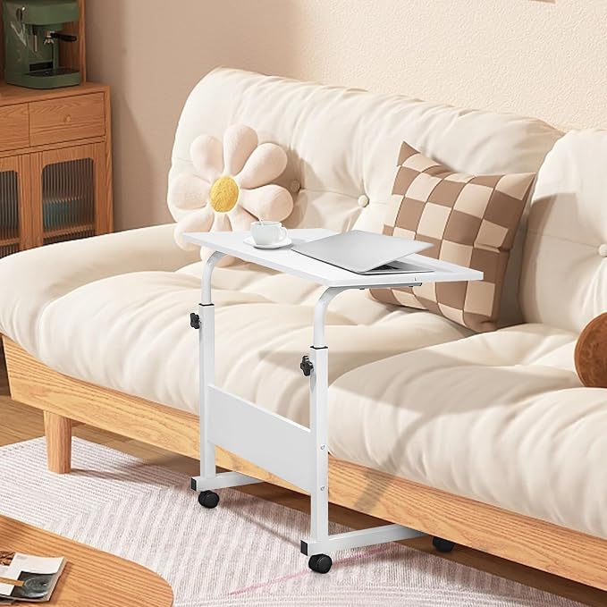 Karl home Mobile Side Table 31.5 inch Computer Desk with Wheels Height Adjustable Rolling Potable Laptop Cart, C-Shaped Bed Couch Sofa End Tables with Edge Stopper for Livingroom Bedroom, White