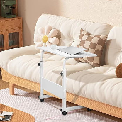 Karl home Mobile Side Table 31.5 inch Computer Desk with Wheels Height Adjustable Rolling Potable Laptop Cart, C-Shaped Bed Couch Sofa End Tables with Edge Stopper for Livingroom Bedroom, White