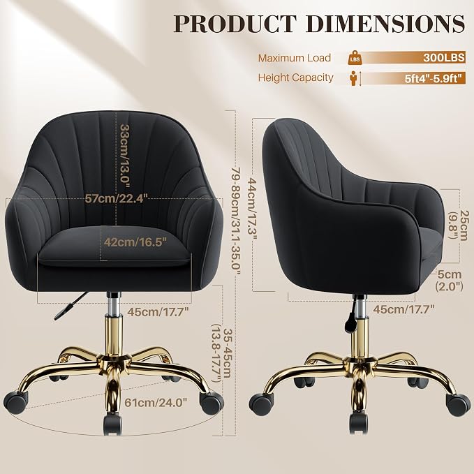 Vanity Chair with Wheels, Comfy Home Office Desk Chairs Adjustable Modern Velvet Makeup Vanity Chairs for Bedroom Living Room-Black