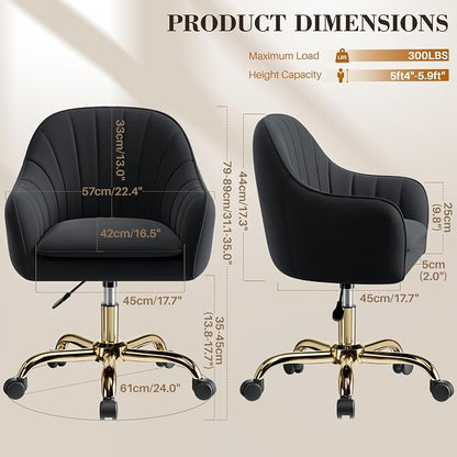 Vanity Chair with Wheels, Comfy Home Office Desk Chairs Adjustable Modern Velvet Makeup Vanity Chairs for Bedroom Living Room-Black