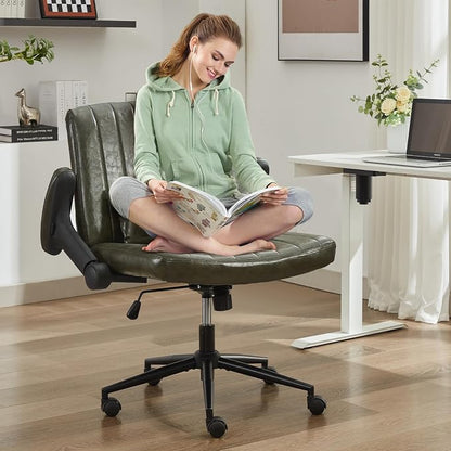 IPKIG Criss Cross Chair with Adjustable Flip-up Arms, Vanity Chair with Wheels, Comfy Desk Chair with Lumbar Pillow Swivel Wide Office Chair for Home Office, Bedroom (PU Leather, Green)