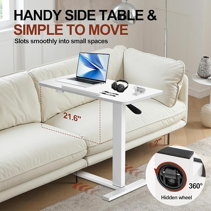 Mobile Standing Desk Portable Pneumatic Laptop Rolling Cart Adjustable Height, 26"-37" Tiltable Overbed Table Sit Stand Computer Workstations for Home Office w/Wheels Flat Desk 32", White