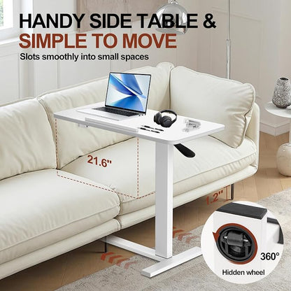 Mobile Standing Desk Portable Pneumatic Laptop Rolling Cart Adjustable Height, 26"-37" Tiltable Overbed Table Sit Stand Computer Workstations for Home Office w/Wheels Flat Desk 32", White