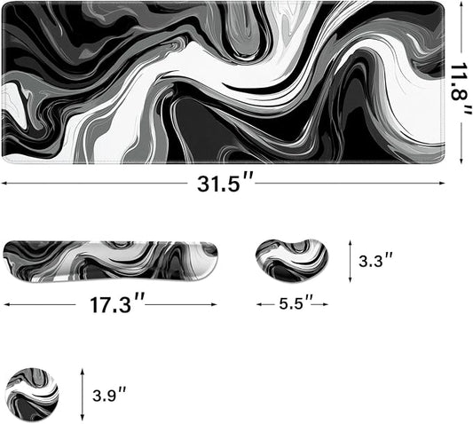 Desk Pad and Keyboard Wrist Rest, Large Mouse Pad + Keyboard Pad+Mouse Wrist Support, Non-Slip Desk Mat Protector for Office, Home 31.5×11.8 Inches Black & White Abstraction