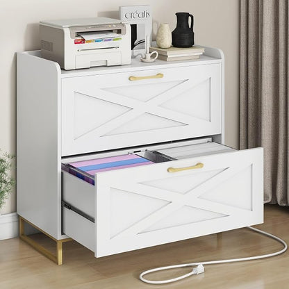 2 Drawer Lateral File Cabinet, Filing Cabinet with Charging Station for Letter/Legal/A4 Size Hanging Files, Modern Farmhouse File Storage Cabinet for Home Office, Printer Stand with Storage, White